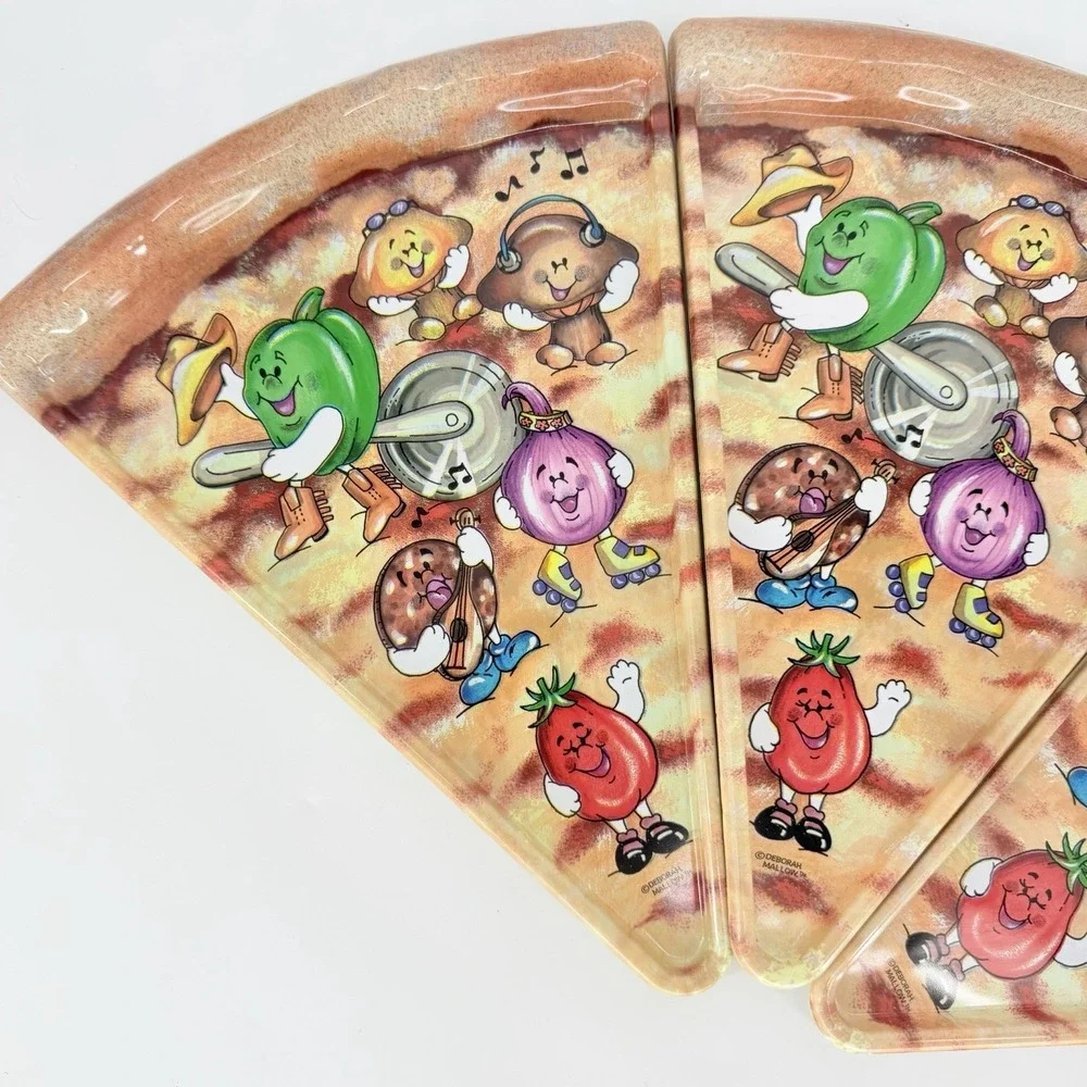 Deborah Mallow Pizza Slice Plates Set of 3 Melamine Singing Veggies Vintage